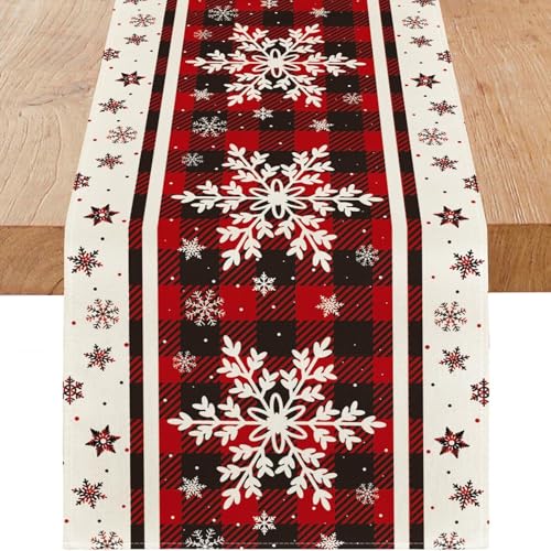 Niviy Snowflakes Christmas Table Runner 13x108 Inches with Buffalo Plaid - Holiday Kitchen Decor