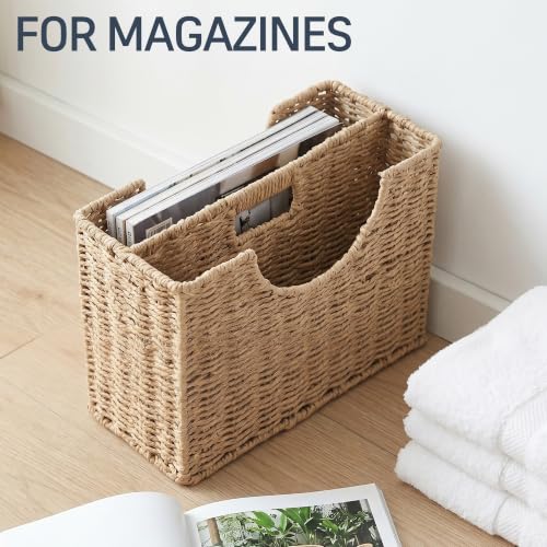 Woven Paper Rope Magazine Holder - Narrow Boho Organizer with Handle