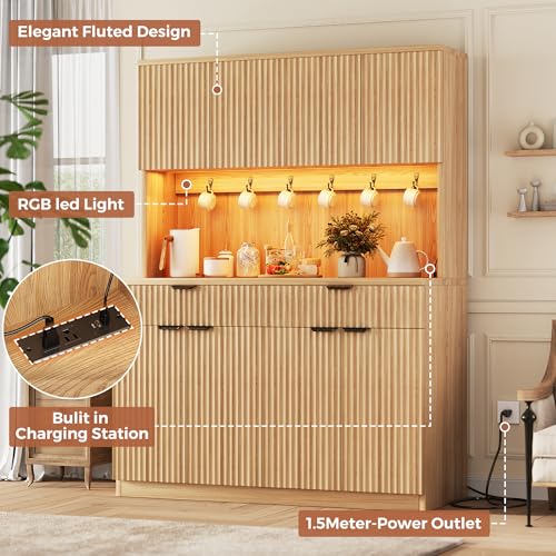Fluted Kitchen Pantry Cabinet with Charging Station and LED Lighting