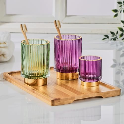 Large Green Glass Makeup Brush & Toothbrush Holder Organizer with Gold Base