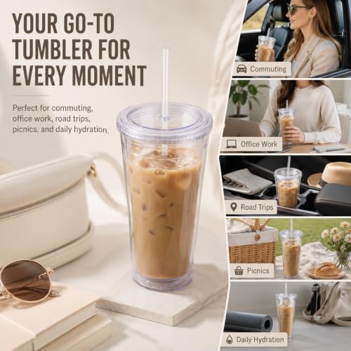 Sursip 3 Pack 32oz Clear Reusable Tumblers with Lids & Straws - Ice Coffee Cups