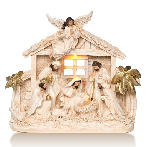 12.5-Inch Lighted Nativity Set - Resin Manger Scene for Christmas Decor