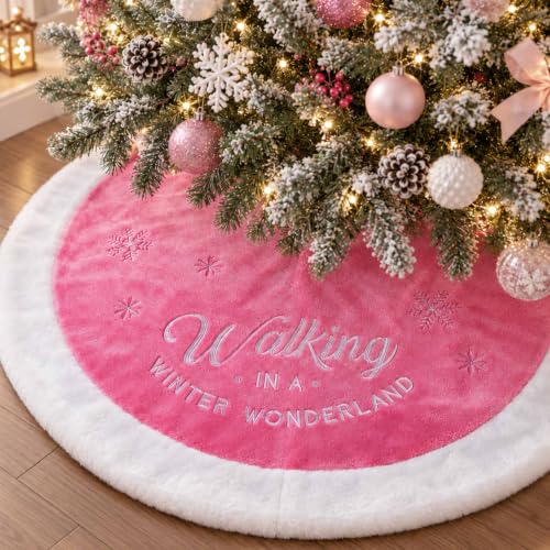 Yuboo Large Pink Christmas Tree Skirt 36 Inch Faux Fur Snowflake Decor