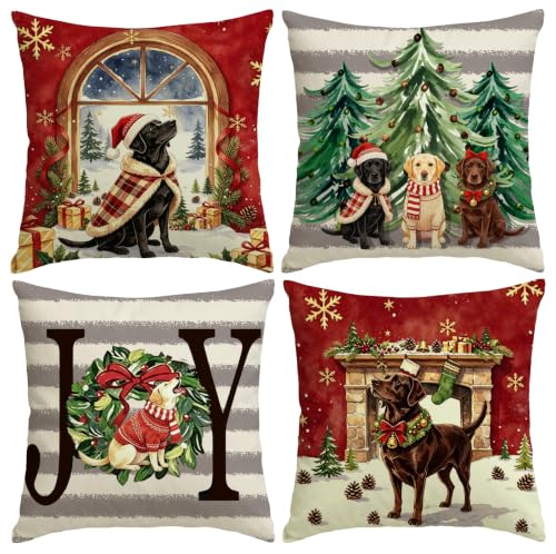 Christmas Labrador Retriever Pillow Covers Set of 4 18x18 Decorative Holiday Cushions