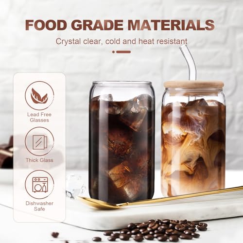 16 oz Glass Coffee Cups with Lids and Straws, Set of 2 Reusable Tumblers
