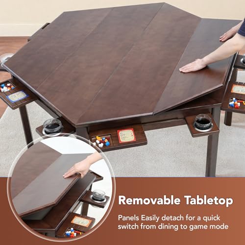 Hexagonal Solid Wood Game Table with Removable Top for Board Gaming & Dining