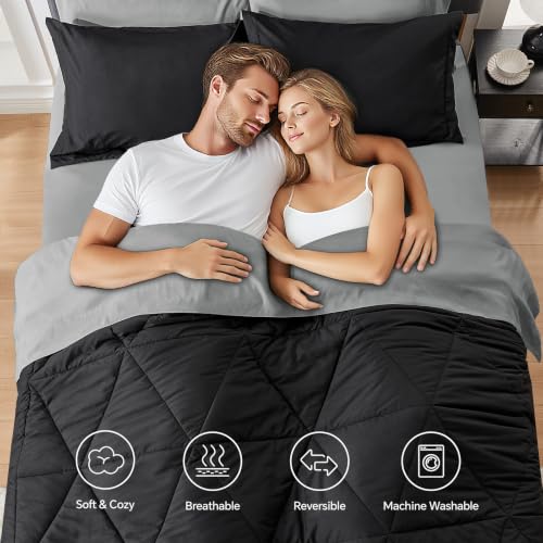 Queen Comforter Set 7-Piece - Reversible Black Bed in a Bag All Season