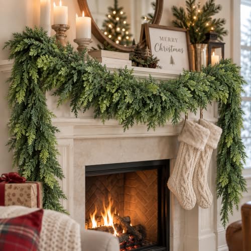 Anytin 6 FT Real Touch Artificial Cedar Christmas Garland for Mantel, Rustic Holiday Decor