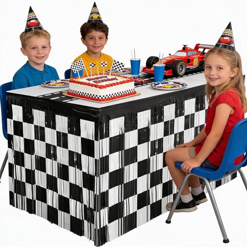 Black and White Checkered Foil Tinsel Table Skirt - 2 Pack Racing Party Decor