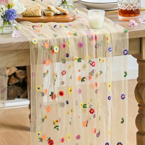 Embroidered Daisy Gauze Table Runner, 120-Inch Sheer Dining Table Decor