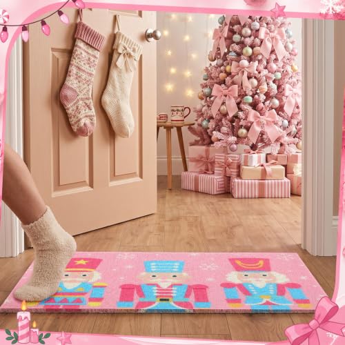 Pink Christmas Nutcracker Doormat - 27.6 x 15.7 Inch PVC Loop Pile Welcome Rug with Snowflakes