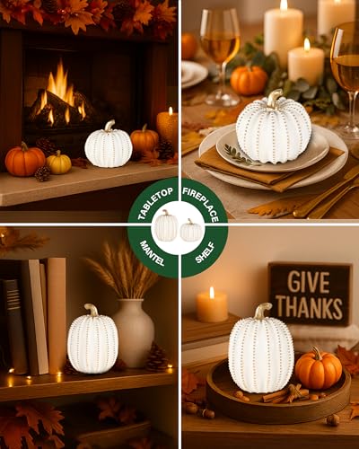 Set of 2 White & Gold Decorative Pumpkins for Fall Decor