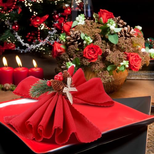 Geiserailie 12 Pcs Christmas Pine Cone Napkin Ring Holders, Red & White