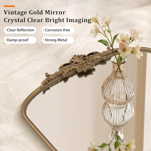 Large Arched Gold Wall Mirror, 40"x29" Antique Baroque Metal Framed Mirror
