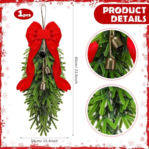 23.6-Inch Christmas Teardrop Swag Wreath with Bells and Red Ribbon