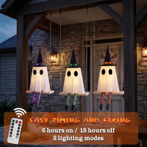 Halloween Light Up Swinging Ghost Decor - Set of 3 Hanging Ghosts with Remote
