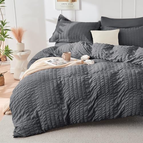 HYMOKEGE Queen Seersucker Comforter Set 7-Piece Bed in a Bag Dark Grey