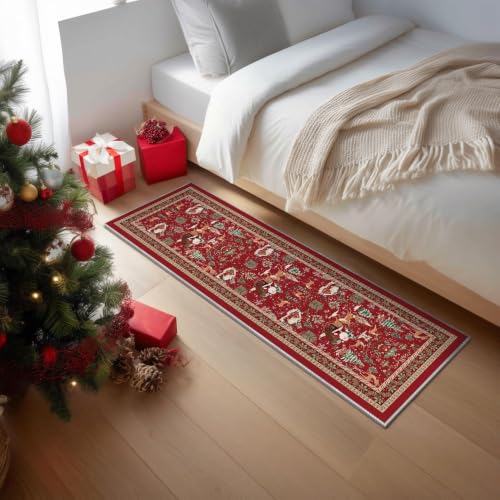Artoid Mode 2' x 6' Red Santa Claus Deer Christmas Runner Rug – Low-Profile Non-Slip Washable Hallway Carpet