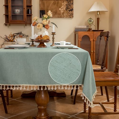 AmHoo Linen Blend Rectangle Tablecloth 55×102 Inch Teal, Durable 280 GSM with Tassels