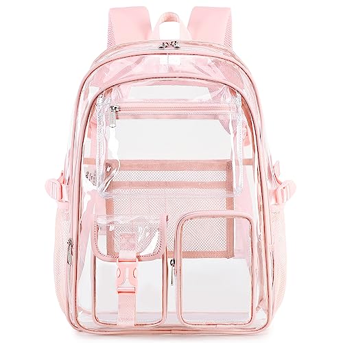 Large Clear Backpack for School & Events - Heavy Duty Transparent Bookbag (Pink)