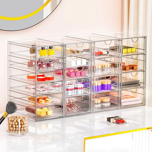 YFXCVSL 4 Pack Acrylic Makeup Organizer with 19 Drawers - Clear Storage Solution