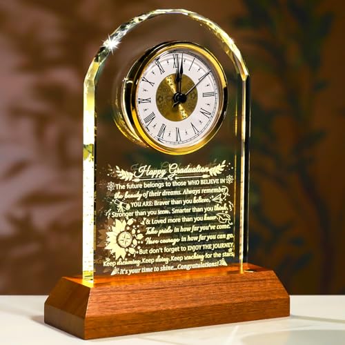 Graduation Keepsake Crystal Clock with LED Wooden Base, 9-Inch