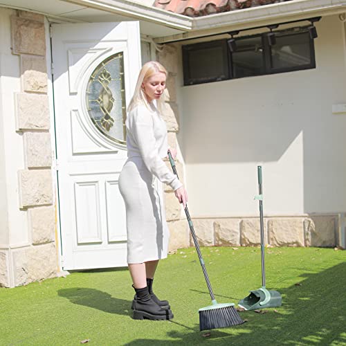 Upright Broom and Dustpan Set with Long Adjustable Handle - Gray & Green