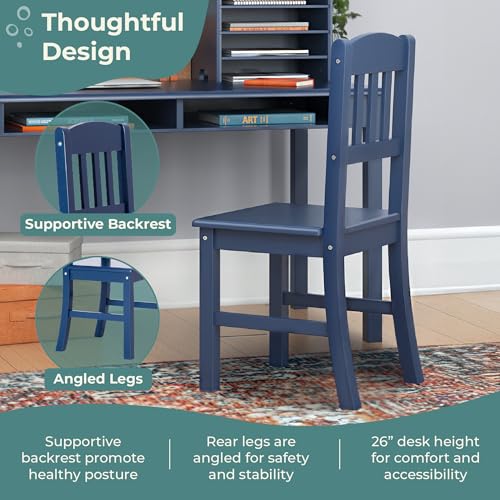 Kids Wooden Desk and Chair Set with Hutch and Storage - Navy