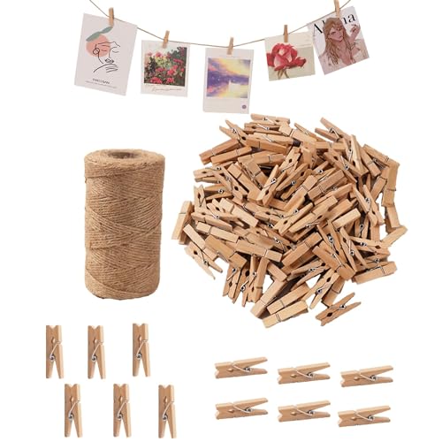 100 Mini Wooden Clothes Pins for Photos with 328ft Jute Twine Set