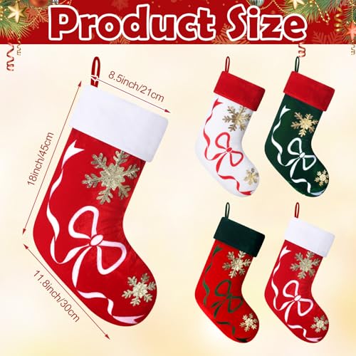 RoundFunny 18in Velvet Christmas Stockings Set of 4 with Embroidery - Red & Green