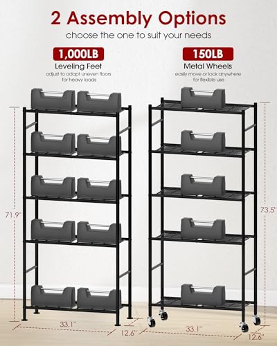 5-Tier Metal Storage Shelves 33" Heavy Duty Wire Rack with Wheels