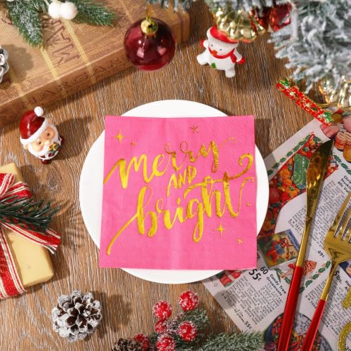 Whaline 80-Pack Pink & Gold Merry Christmas Napkins 6.5x6.5in (13x13in unfolded)