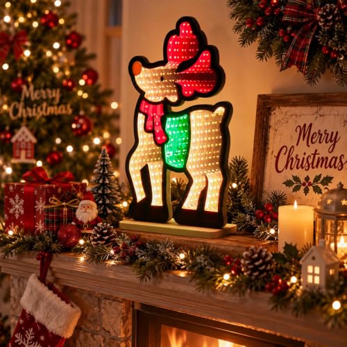 MEETYAMOR Reindeer Christmas Infinity Mirror Light - 3D LED Night Lamp, USB Powered Indoor Decor