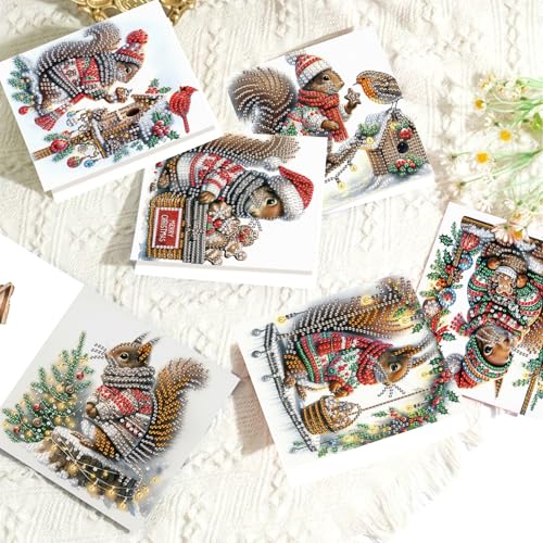 Antor 6-Pack Squirrel Christmas Diamond Painting Cards - DIY Rhinestone Holiday Greeting Set