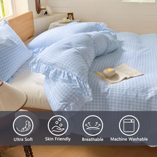 Light Blue Gingham Twin Duvet Cover Set with Ruffles - Plaid Bedding