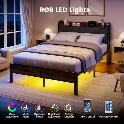 Full Size Platform Bed Frame with LED Lights and Charging Station