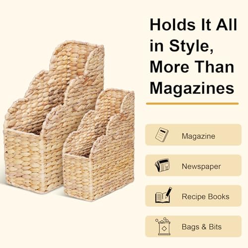 Set of 2 Handwoven Water Hyacinth Magazine Holders with Scalloped Edge