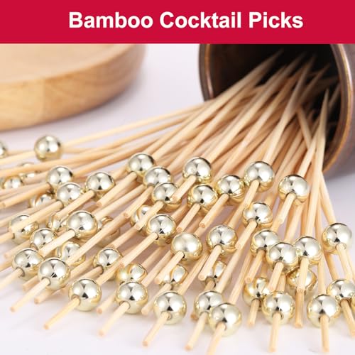 200 Pcs Cocktail Picks - 4.7 Inch Bamboo Appetizer Skewers with Gold Ball