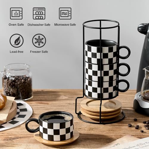 LUKA Black & White Checkered Ceramic Espresso Cup Set with Saucers & Stand - 4 Pcs