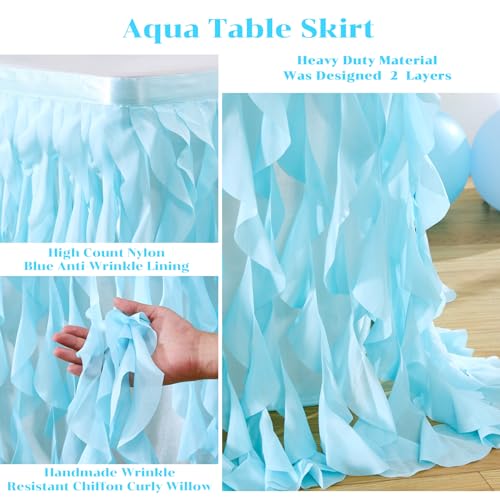 Aqua Blue Curly Willow Tulle Table Skirt - 6ft Ruffle Tutu for Party Decor