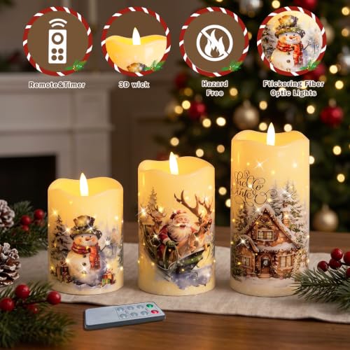 QRF Snowman Christmas Flameless Candles with Remote – Battery-Operated Fiber Optic 3D Wick