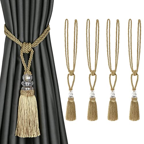 4-Pack Hand-Woven Tassel Curtain Tiebacks - Decorative Gold Holdbacks