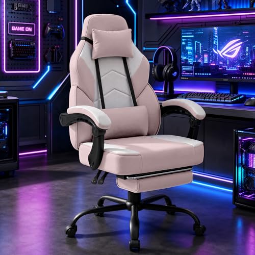 Ergonomic Gaming Chair with Massage Lumbar Support, Fabric Pink & Footrest