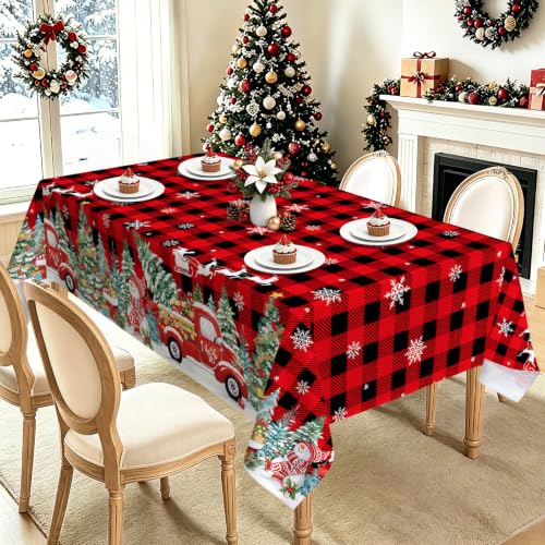 Christmas Tree Plaid Truck Gift Rectangle Table Cloth 55x70in Red Plaid - hometrixx