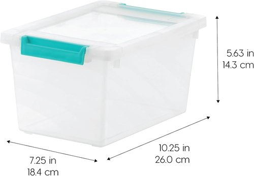 IRIS USA Craft Storage Bins - 4 Qt. Clip Box Tote Organizer, 6-Pack, Stackable - Clear/Seafoam Blue