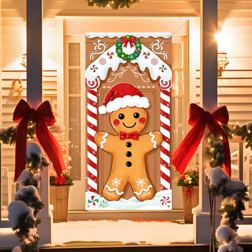 72in Christmas Gingerbread Door Cover, Fabric Banner Decor for Indoor/Outdoor Festive Front Door