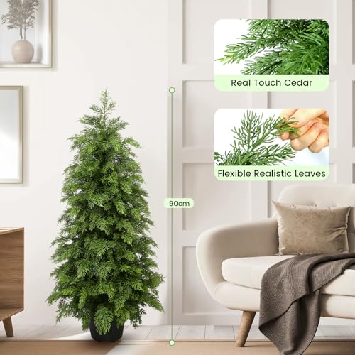 HABAGOU 3ft/2 Pack Artificial Cedar Topiary Trees - UV-Resistant Faux Pine for Outdoor & Indoor