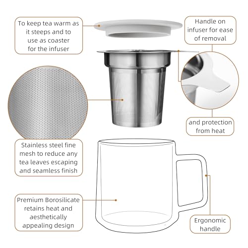 CNGLASS 12oz Double Walled Borosilicate Glass Tea Cup with Steel Infuser & Lid - Set of 1