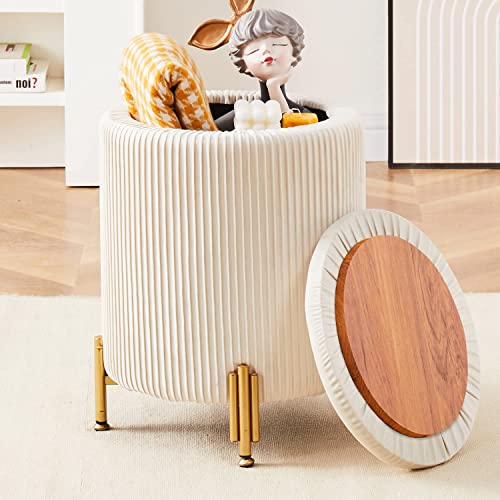 Round Velvet Storage Ottoman with Metal Legs, Cream Padded Footstool