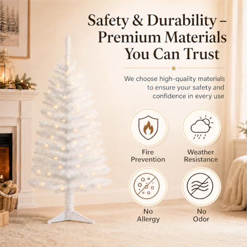 PineSpark 4ft White Christmas Tree with 50 LED Lights - Winter Wonderland Slim Pencil